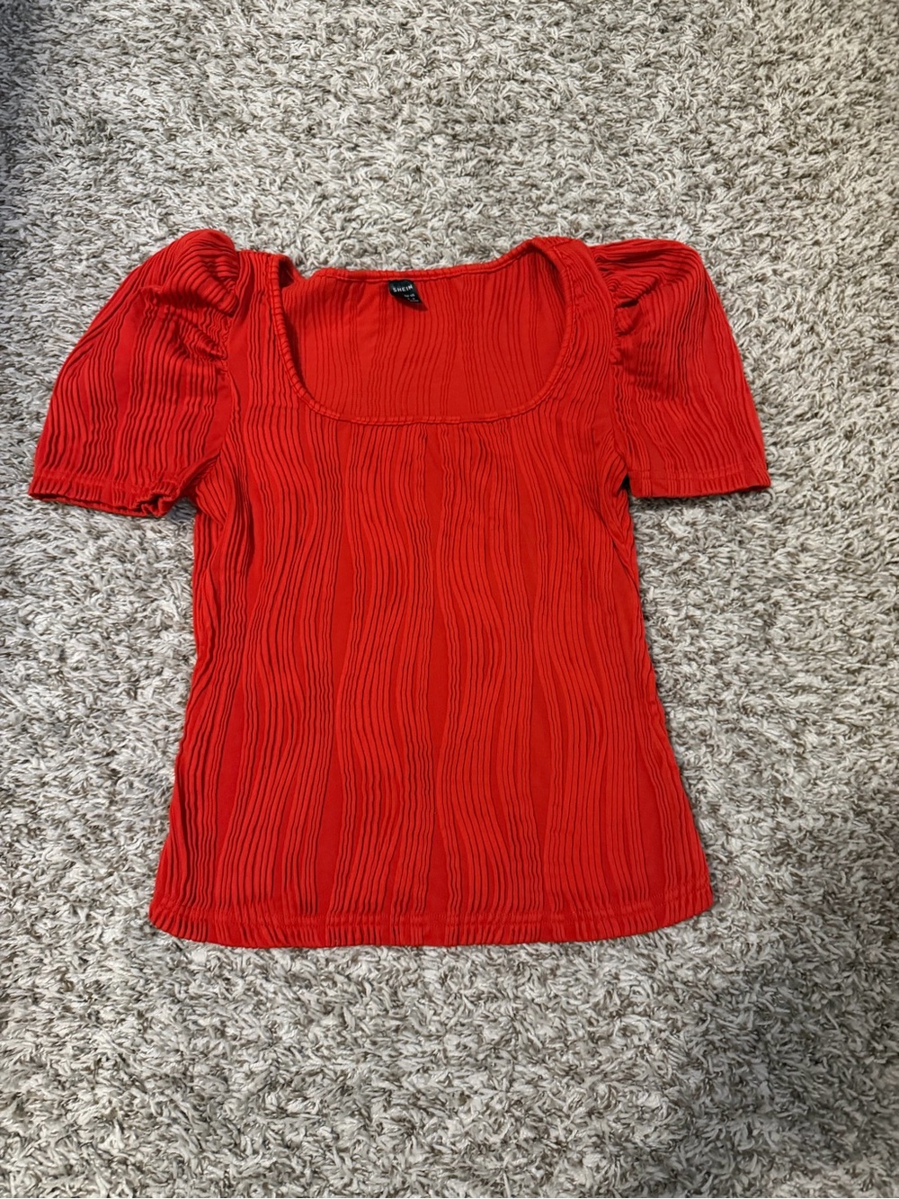 SHEIN Red Ribbed Puff-Sleeve Scoop Neck Top